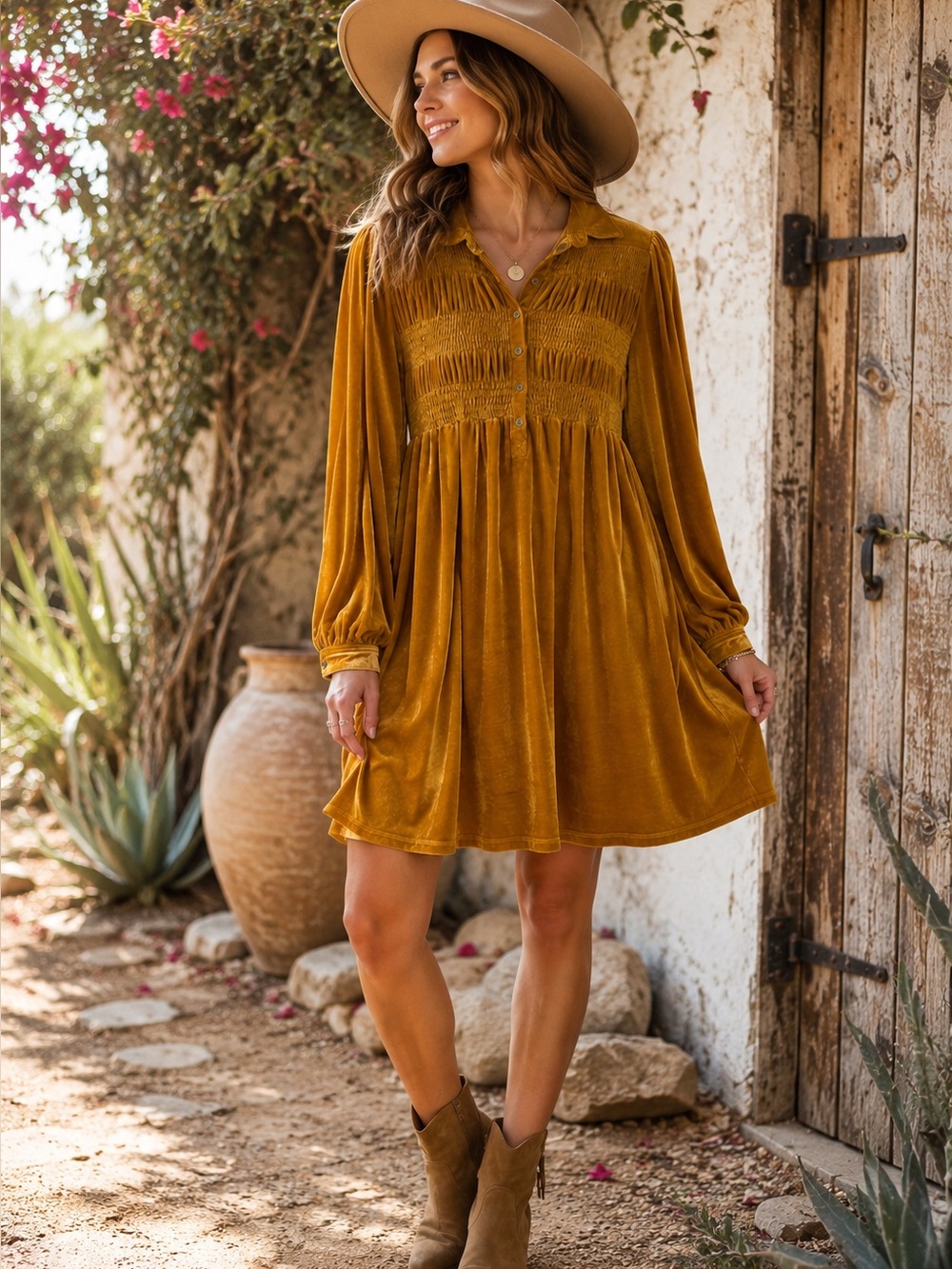 Easel • Smocked Babydoll Velour Dress